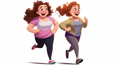 a cartoon, clipart style illustration of very overweight lady jogging with a very skinny, slim and fit friend. They are laughing and enjoying the job. No backgorund. Solid white background. Comical disney animation style.