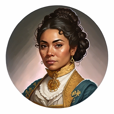 regency female Asian Amerindian noble guild merchant politician, Josh Kirby Mad Max Lord of the Rings, handpainted enamel punk zine indie retrowave, clipart illustration character portrait, circle white background
