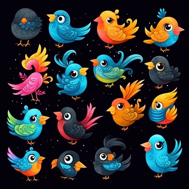 cute cartoon bird clipart, black background,--no cut off edges