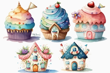 Very cute and Whimsical cupcake houses, colorful, Watercolored illustration, clipart, white background