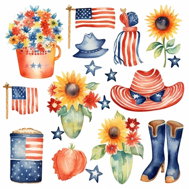 watercolour graphics collection including 4th of July cliparts: USA flag, cow in a USA flag bandana, hippy bus, American map in the American flag colours, cowboy boots with American flag colours, sunflower bouquet with the American flag, white background, in the style of emily balivet, soft, blended colors, contrasting colors, kawaii manga, floral explosion, vector, cartoon animated