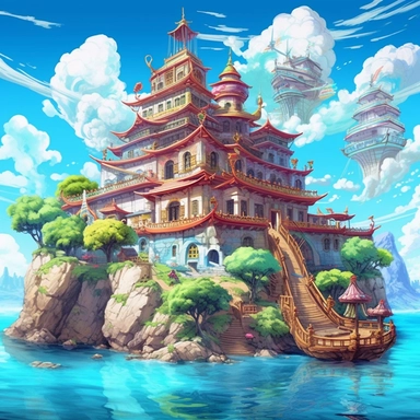/v5_upscale, bright day, island in the blue sea house with pam clipart, high detail, spaced outultra scale, detailed, extremely bright, charming, stunning, extremely detailed, miracle, amazing, mercury clouds illumination, light background, vitamins, with holographic , dragon ball Jin the Turtle Master Roshi - Ultra Dragon Ball anime legends