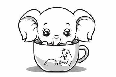 Random cute elephant inside a cup in an action dynamic pose, cute Kawaii single anything clipart. 2d outline simple vector monochrome coloring page depicting