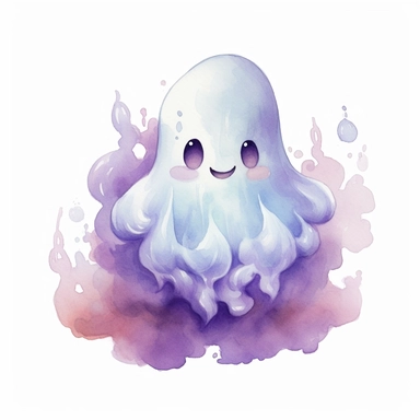 mystical fantasy watecolor cute cartoon ghost clipart, hd 4k, detailed, focused, isolated on white background