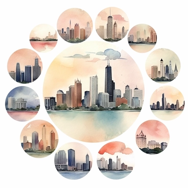 Digital stickers, Chicago, watercolor, clipart, minimalistic, aesthetic,--ar 2:3