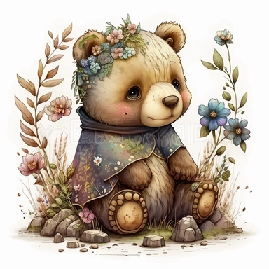 An adorable Clipart of a baby bear character, imaginative and inspiring design, whimsical and magical environment, fantasy elements, vibrant colors, surreal, detailed, cute, white background