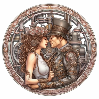 In the enchanting presence of a steampunk steam train, a couple's first kiss takes place, framed by the intricate gearwork and brass accents that adorn the classic locomotive, their love intertwined with the spirit of adventure. Ultra high quality, intricate detail, retro - futurism, pastel clipart, white background