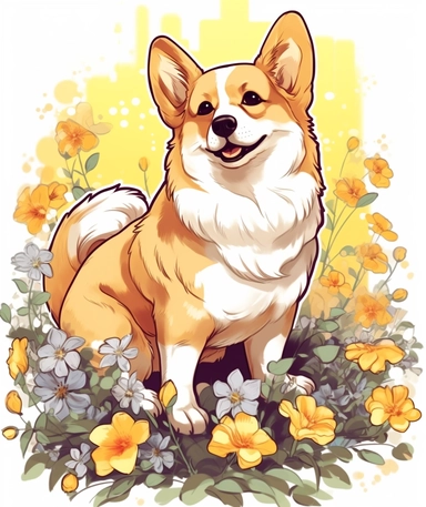 a corgi petting the flowers, animal png clipart, in the style of bold manga lines, gold leaf, rough, yellow and white, hd, justin bua, full body