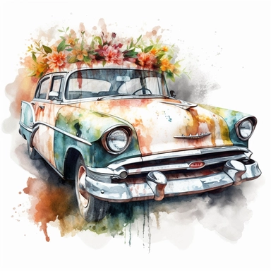 Romantic photo-realistic watercolor car, retro style, vintage, white color, Cuban style, wedding flowers, illustration, vintage, translucent, multi-layered, bright colors, fashion photography, watercolor clipart - - no watermarks, no text
