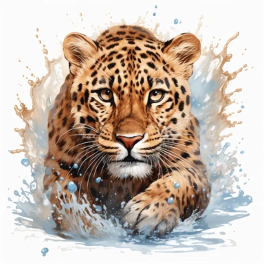 hyperrealistic ultra detailed watercolor clipart, cheetah in water, isolated on white background, in the style of digital print, clipart, illustration, sticker, ultra high definition, rich details, 32K, HD