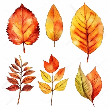 clip art style vivid colors bold lines solid white background isolated object watercolor style autumn leaves