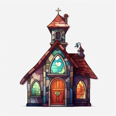 a little cartoon church, pixar, clipart, stained glass windows, cross on top, blank background, sharp lines, 8k