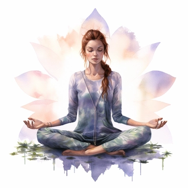 enchanted Front illumination of ultra realistic watercolor of full body of a cute country happy person, doing yoga lotus pose ,deep meaning, profound, highly detailed and realistic, insane quality, mystic, wiccan, art nouveau art style, clipart witchcore dreamcore cottagecore, good looking meditation, yoga calm, serene, healthy, white background no text, isolated on white, watercolor illustration, award winning, strong and sharp lines