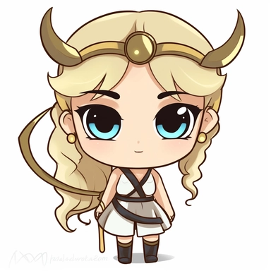 chibi greek goddess Artemis WITH BOW AND ARROW AND crescent MOON ON FOREHEAD clipart cartoon WITH THIS STYLE: