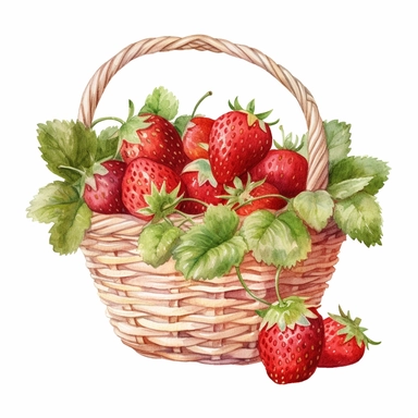 picturesque, simple, bright, the best simple Assorted strawberry in a basket in the world, clipart on white background, watercolor, painted by Beatrix Potter, 8k