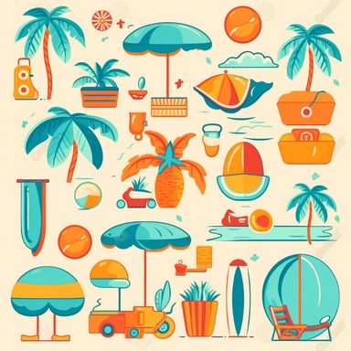 Design a vibrant and playful vector logo and clipart set depicting a tropical beach vacation. Create a simple and colorful cartoon-style illustration in 2D that captures the essence of a relaxing getaway. Include elements such as palm trees, a sandy beach, crystal-clear water, a beach umbrella, flip-flops, and a beach ball. Emphasize the fun and leisurely atmosphere of the vacation with cheerful characters engaging in activities like swimming, sunbathing, playing beach volleyball, or building sa