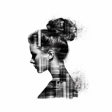 double exposure: a black shape of a beautiful girl's head with a messy bun, inside there is a bookcase with lots of books, clipart, isolated on white background, 4K,