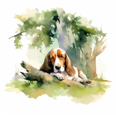 Serene Basset Hound lounging under a shady tree, with droopy ears and a calm expression, white background, watercolor clipart