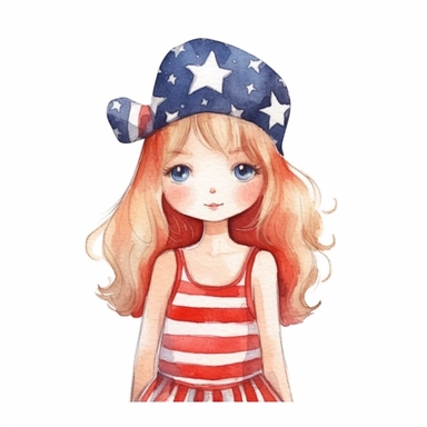 watercolor illustration, cute 1st of July clipart, high resolution, detailed doodle, white background, doodle clipart USA
