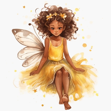 cute brown skin fairy girl clipart watercolor yellow dress [turnabout] front view, looking at camera cw, 8k, hd v5 line drawing flying sitting