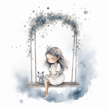 pale soft little girl, 5 years, long haïr, sitting on a swing hanging under a très, with flower headband, in the style of whimsical, stars, moon, detailed character illustrations, book illustration, watercolor style, textured paper, white background clipart