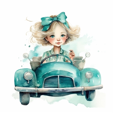 adorable cute vintage little girl in driving in cute turquose cabriolet, clipart style, watercolor technique, no background, super cute, high quality clipart