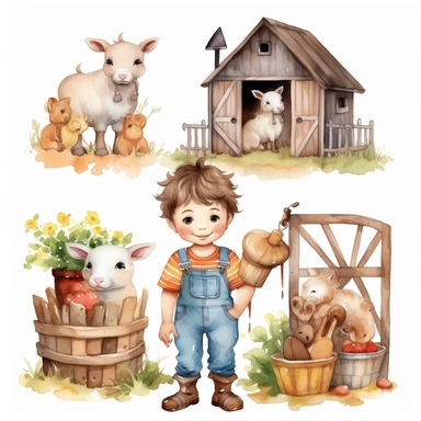 watercolor farm cute boy clipart white background