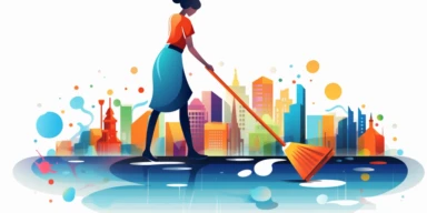 a maid with a mop, cleaning up colorful location data spilled on the floor, location icons are everywhere, clipart, vector graphic, very low detail, in the style of minimalist illustrator, white background
