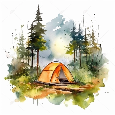 camping scene in forest watercolor style clipart on white background with margins