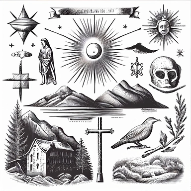 A black and white vector drawing of a variety of protestant christian objects including Bethlehem star, Crosses with rays, Shepherd's crooks, Fish and nets, Crowns of thorns, Worship hands, Dove with a branch, Mountain landscapes with a cross, a detailed drawing inspired by Josef Navrátil, Anno Domini, black and white vector art, clipart, highly detailed vector art, coherent, white background