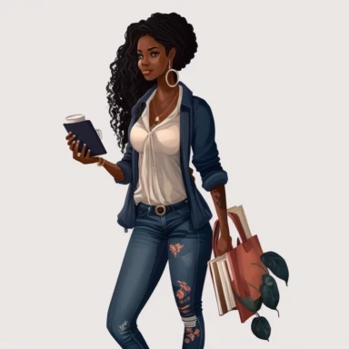 A black woman holding a coffee tumbler and two books from the front Cozy blush, navy blue, and white, causal shirt and jeans clipart png 4k, 8k