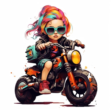 clipart of cute and cool girl baby on a harley davidson multicolor white background