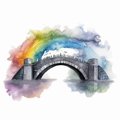 rainbow bridge clipart, rainbow cloudy black sky, white castle fantasy, watercolour, magestic