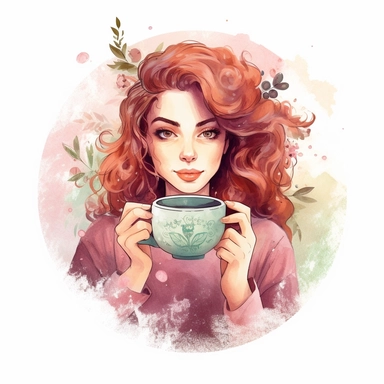 Create One clipart inspired by portrait of woman drinking tea: The clipart exudes a cozy ambiance, with a sense of warmth and tranquility. It invites viewers to imagine themselves wandering through this magical nature, discovering its secrets and encountering fantastical creatures.cozzy watercolor style. in 4K. so it can be used in fantasy books. beautifull coloring