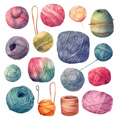 Watercolor Clip Art Hobby Knitting and Crocheting , Wool Yarn Cute Clipart Set. Collection of hand drawn balls of yarn for knitting