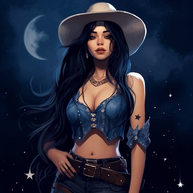 Beautiful cowgirl with long dark blue hair holding her hat, half moon behind her, dark sky with star background, illustration, procreate digital paiting, fanart, cartoonist, western dress blue, blue corset, clipart