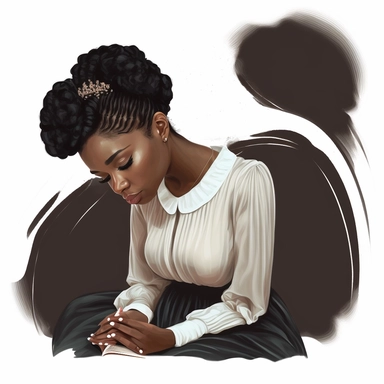A beautiful black woman fashionista with praying on her knees with the bible next to her, no candles in the background, Hair in a french roll hairstyle, in the style of Jennie Jenkins, feminine, chic, elegant, posing, with a macro lens, clip art seed in white background very detailed illustration