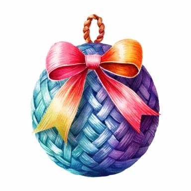 A Christmas ball and Bow, full color, knitted painting texture, Perfect for nursery art and children's book illustration style, simple, cute, full color, clipart, watercolor illustration, single object, high definition 8k, white background for removing background