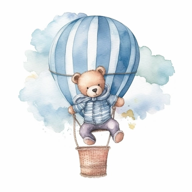 watercolor teddy bear boy on hot air balloon , blue shirt, clipart, white background, cute dreamy, soft subtle colors , by beatrix potter