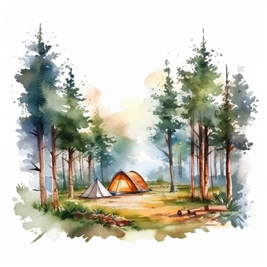 camping scene in forest watercolor style clipart on white background with margins