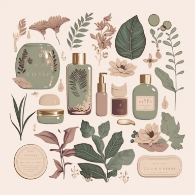 A collection of elegant aesthetic self care stickers including scented candles, hydration mask and Gua sha, home deco, plants, make up, lipstick, jewelry, sunglasses, and accessories in a boho dusty color palette, Svg, clipart, illustration, high resolution.