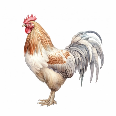 clipart, Watercolour, hand drawn, highly realistic, muted tones, beautiful, farm rooster, male, whole rooster standing up, white background, just rooster nothing else