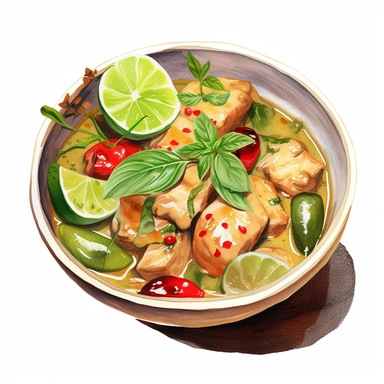 watercolor, hyper realistic, white background, white margins, 16k, ultra detailed clipart, cut out image, hand-drawn a spicy Thai green curry with chicken, served in a ceramic bowl with a side of steamed rice, and garnished with basil leaves, chili peppers, and lime wedges, in the style of nightcore, multilayered realism, ricoh ff-9d, light gray and light brown, mushroomcore, dark red and green, heavy shading