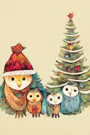 Cute owl family for christmas clipart with watercolor illustration, no cut body, no cut head, pose, center page image, santa hat, beautiful Big eye sweet and details, [beautiful symmetrical face, anthropomorphic], happy and smiling, gift packages [super detailed], beautiful eye, [no cut full body], red gift bag. [Pixar and DreamWorks and Toei style], in Mix [pencil and digital painting art style], Christmas and gift packages in the background, wind, wide perspective photo, cinematic lighting, hy