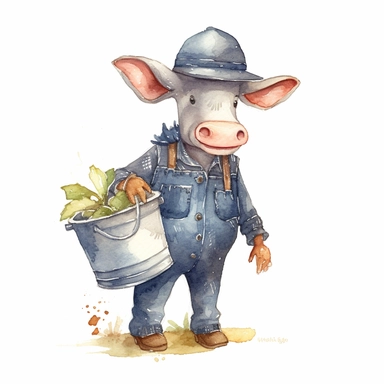 An anthropomorphic calf wearing a dark blue denim jacket and a brown cowboy hat clipart,happy expression, Carrying a bucket of food, front side view, in the style of watercolor cartoon clipart, beatrix potter style, pixar style, high resolution, composition free space, pastel color scheme, soft and tender, watercolour clipart, watercolor illlustration for kids and children,isolated white background, clipart most popular on etsy, book illustration, featured on dribble,print on demand image, PNG t