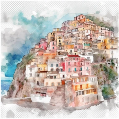 Watercolor Autumn houses in a street in Positano Italy Clipart water color cinematic impressionism transparent background abstract high quality