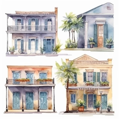 watercolor New Orleans French quarter style buildings, illustrations clipart set, simple, , cartoon elements ,different variants , separate elements with a margin