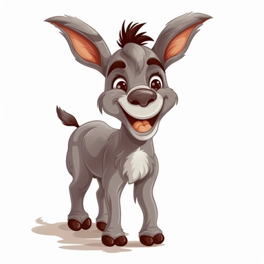 clipart of a cute baby donkey with hooves and big teeth, smiling, white background, no shadows