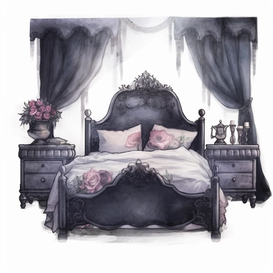 Gothic style bedroom with watercolor effect, suitable for digital clipart, white background, gothic scene, gothic colors, gothic tools, gothic roses, skull, dark scene