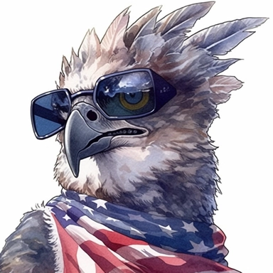 closeups shot, low angle, watercolor style, Harpy eagle, wears American flag scarf and sunglasses, hyper-realistic animal illustrations, 2d game art, quadratura, clipart, on white background,